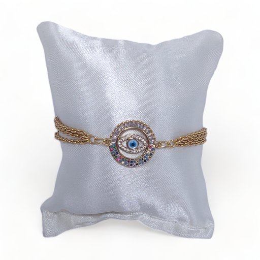 Pulsera dorada 3 hilos con ojo y piedras de colores